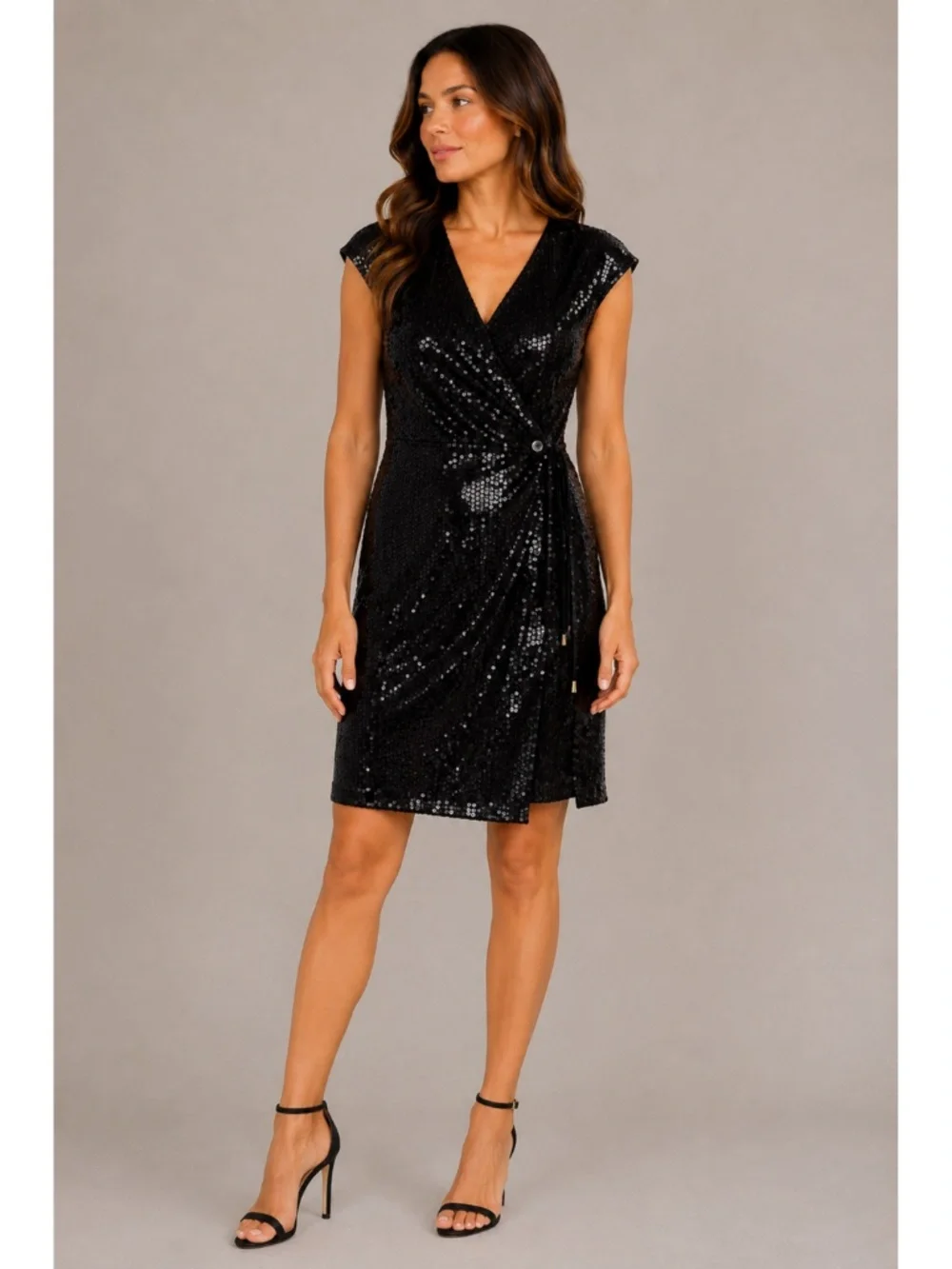 Michael Kors Black Sequin Wrap Party Dress – Size Medium Petite